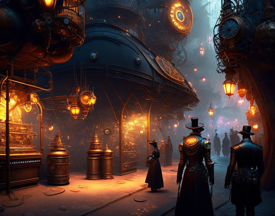 Steampunk marketplace with brass structures and glowing lanterns