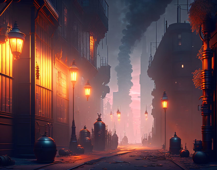 Dystopian cityscape at dusk with vintage street lamps and dark smoke plumes