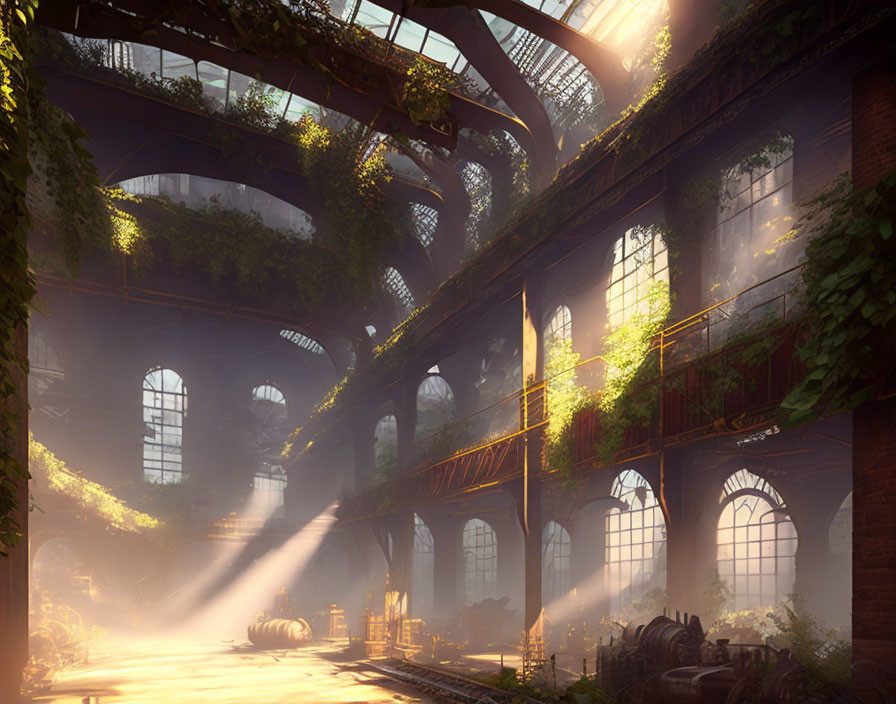 Sunlit overgrown industrial interior with arched windows and lush greenery
