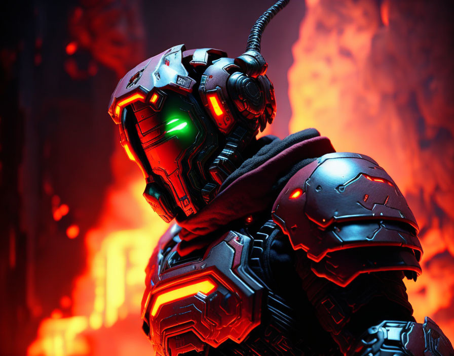 Futuristic armored figure with green visor in black armor against red backdrop