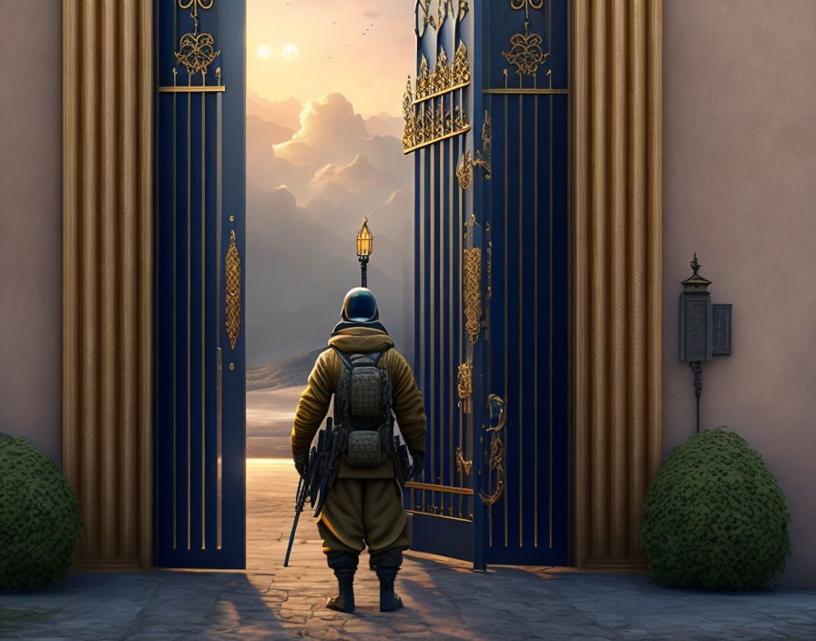 Cloaked Figure at Ornate Golden Gates with Bright Sky