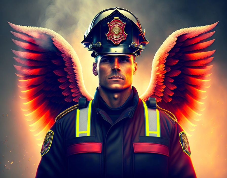 Stoic firefighter with angel wings in uniform against fiery backdrop