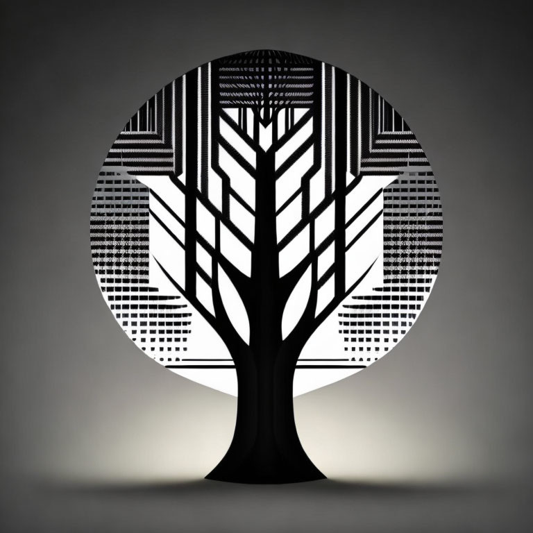 Modern Round Lamp with Tree Silhouette and Barcode-Like Pattern