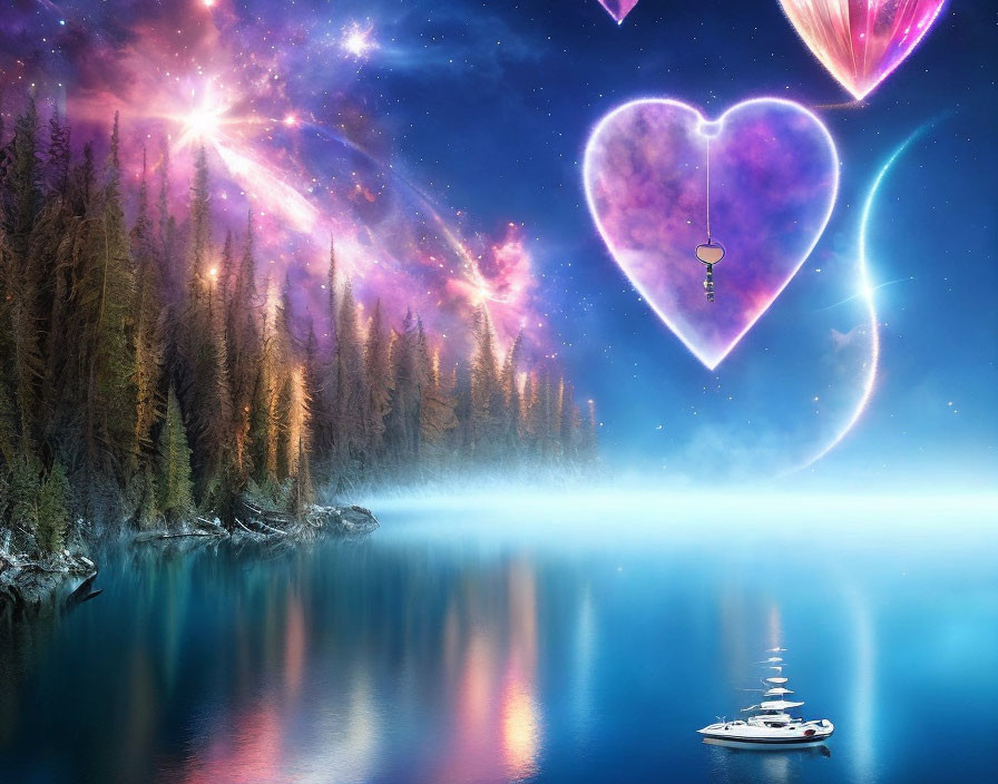 Night Sky Over Serene Lake with Boat and Neon Heart Balloons