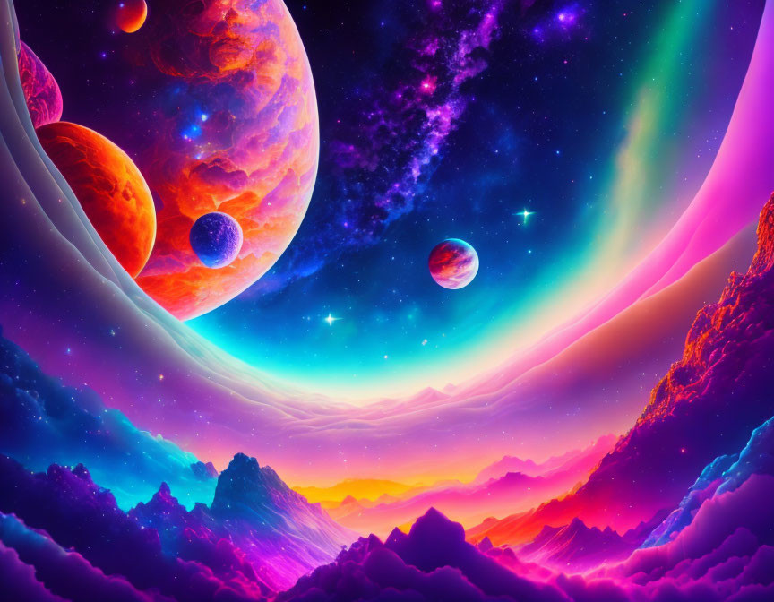 Colorful Cosmic Landscape with Auroras, Planets, Stars, and Mountains