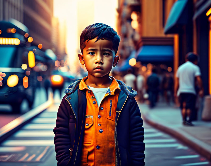 Young boy in urban street with warm sunlight and buildings.