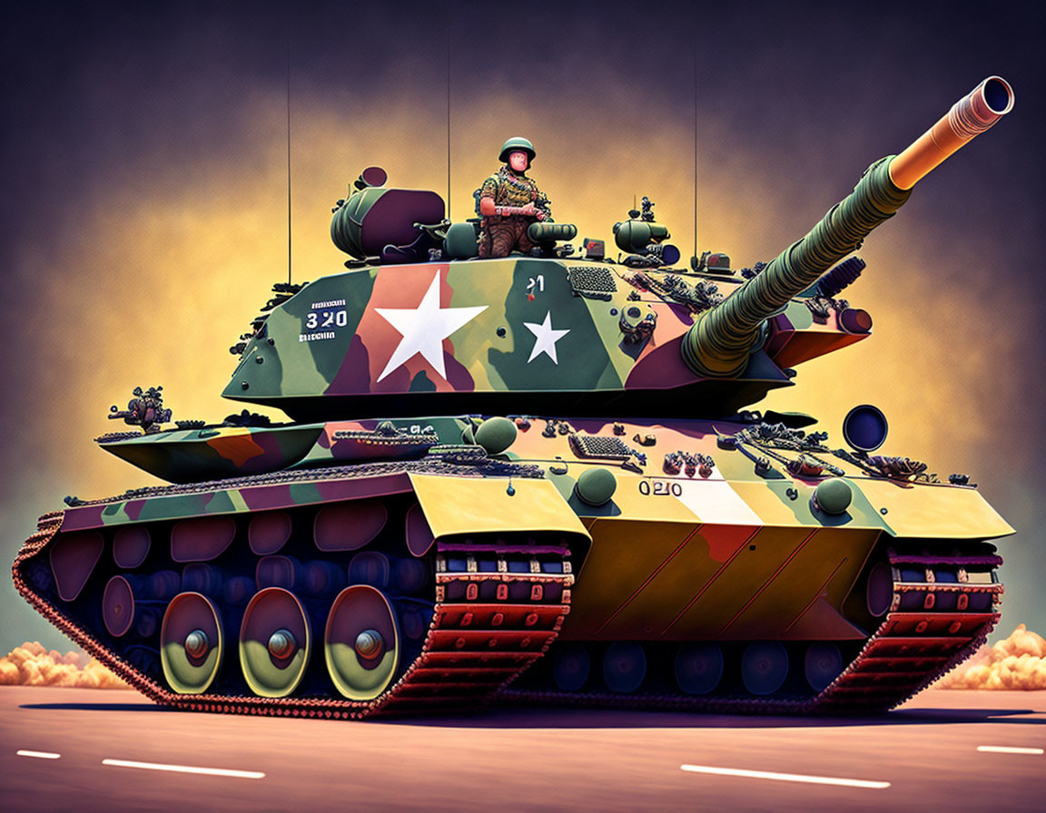 Soldier sitting on colorful tank in stylized illustration