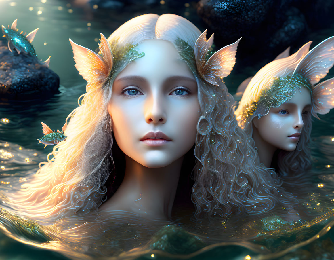 Ethereal elf-like figures with glistening skin and winged ears in serene water scene