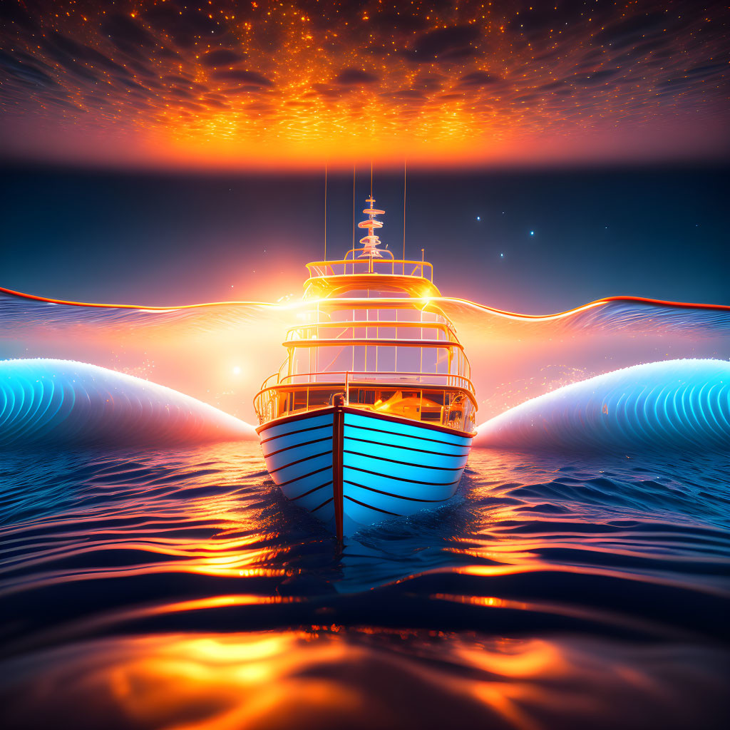 Yacht sailing at night with glowing waves and starry sky under fiery orange clouds