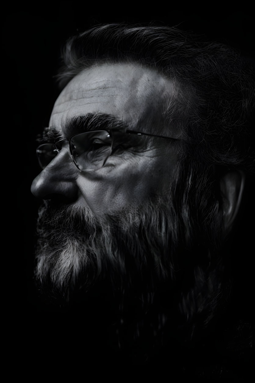Elderly man with beard and glasses in side-profile on dark background