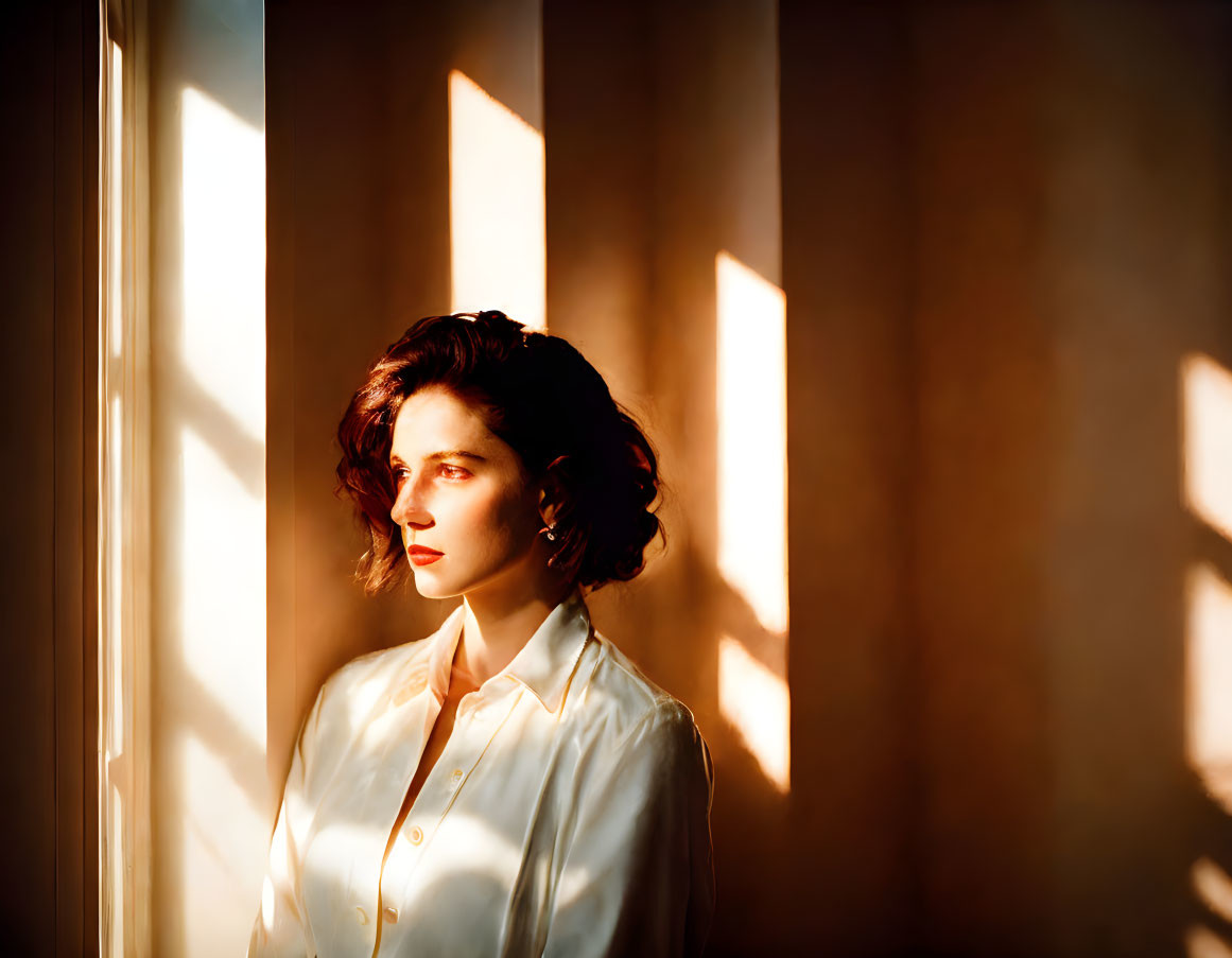 Woman with Wavy Hair Standing by Window in Sunlight with Geometric Shadows