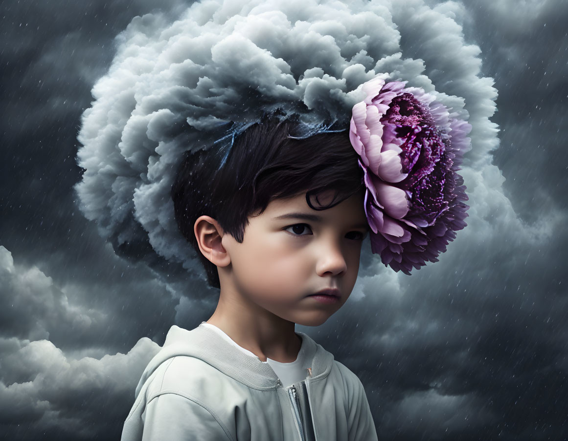 Pensive boy with storm cloud hair and purple flower in dark sky