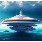 Futuristic city-sized spaceship over cloudy atmosphere with flying crafts