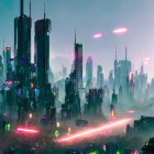 Futuristic cityscape with skyscrapers, neon lights, flying vehicles, and hazy atmosphere