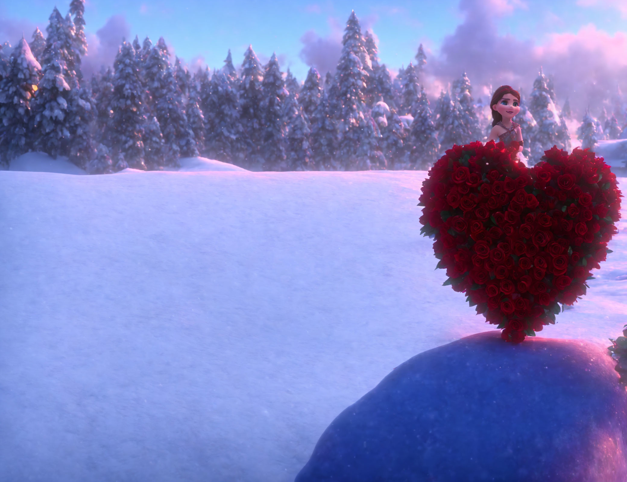 Cartoon character on hill with rose heart, snowy backdrop.
