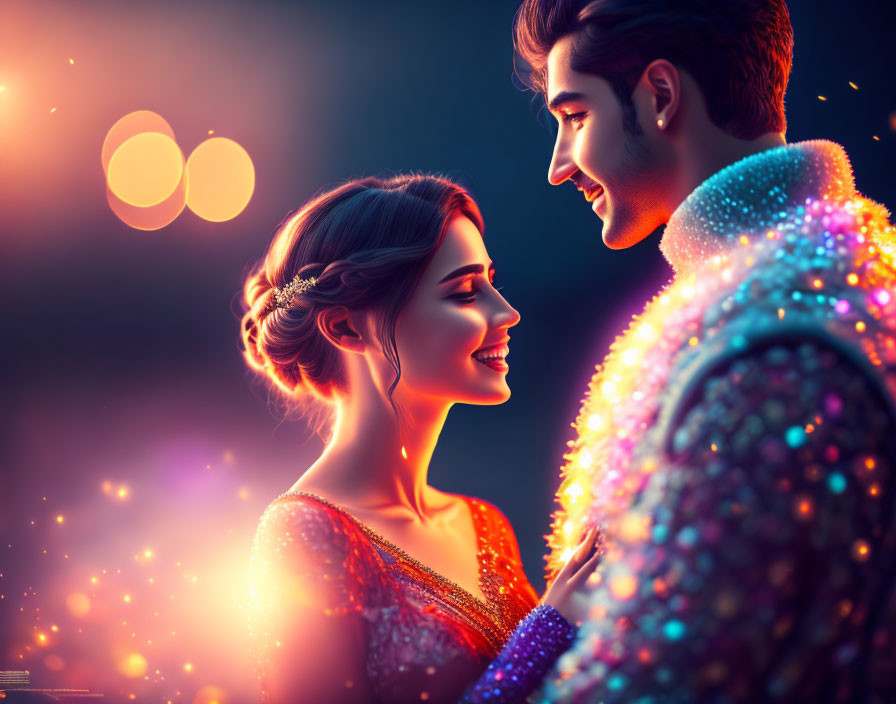 Romantic digital artwork: Couple in glittery attire sharing affectionate gaze