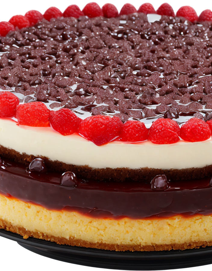 Layered Cheesecake Dessert with Chocolate, Red Glaze, and Raspberries