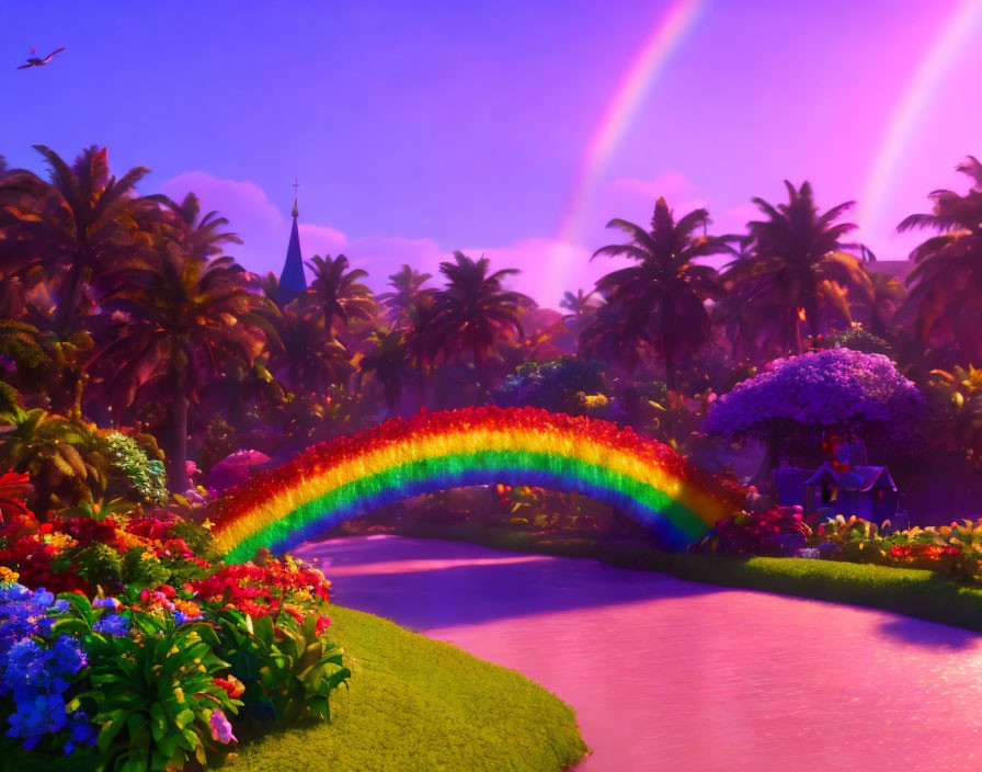 Vivid rainbow over tropical river with lush plants and cottage