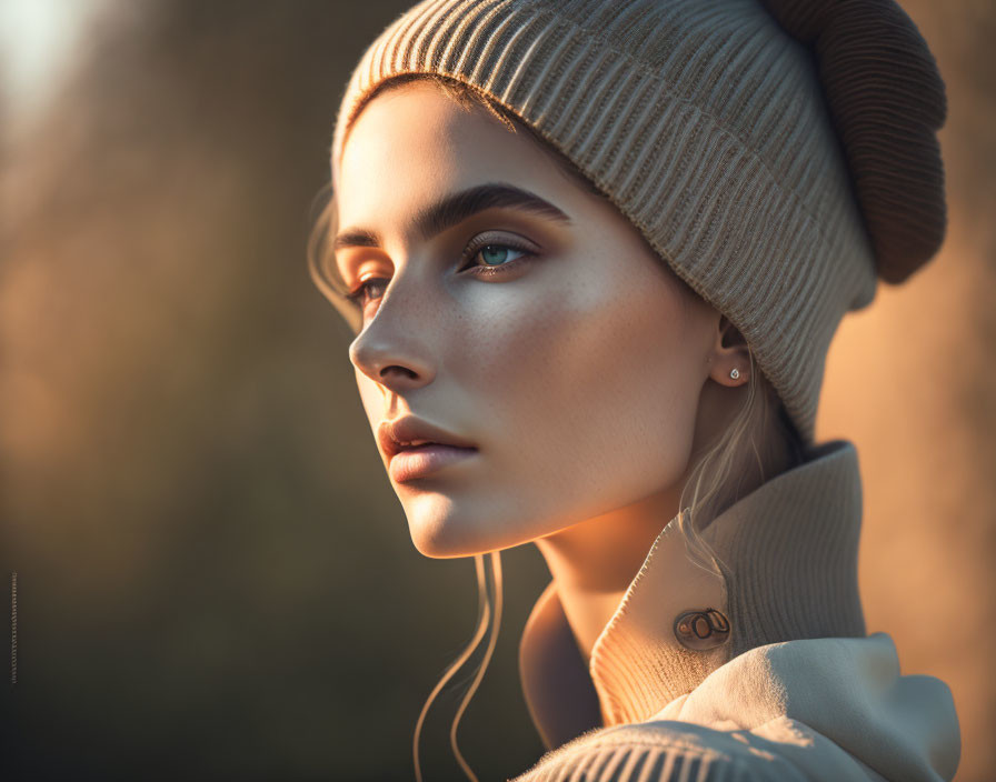 Woman in Beige Beanie Hat and Light Sweater in Soft Lighting