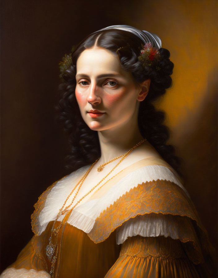 Classical portrait of woman with dark curled hair, white headband, yellow dress, gold necklace