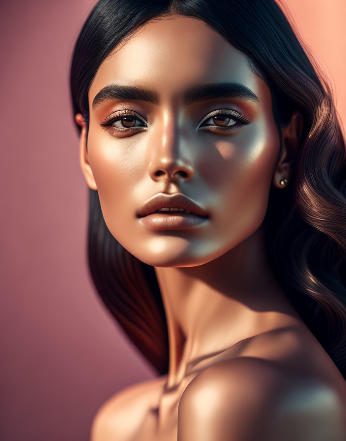 Portrait of woman with makeup showcasing smooth skin and sharp facial features