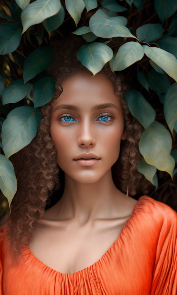 Woman with Blue Eyes and Curly Hair in Orange Top Surrounded by Green Leaves