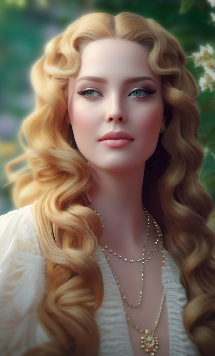 Blonde woman with blue eyes in soft-focus portrait with delicate necklace