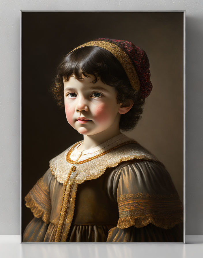 Vintage portrait of young child in brown dress with red cap