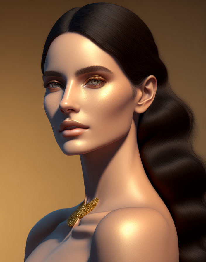 Detailed 3D Portrait of Woman with Dark Hair and Golden Necklace