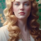 Blonde woman with blue eyes in soft-focus portrait with delicate necklace