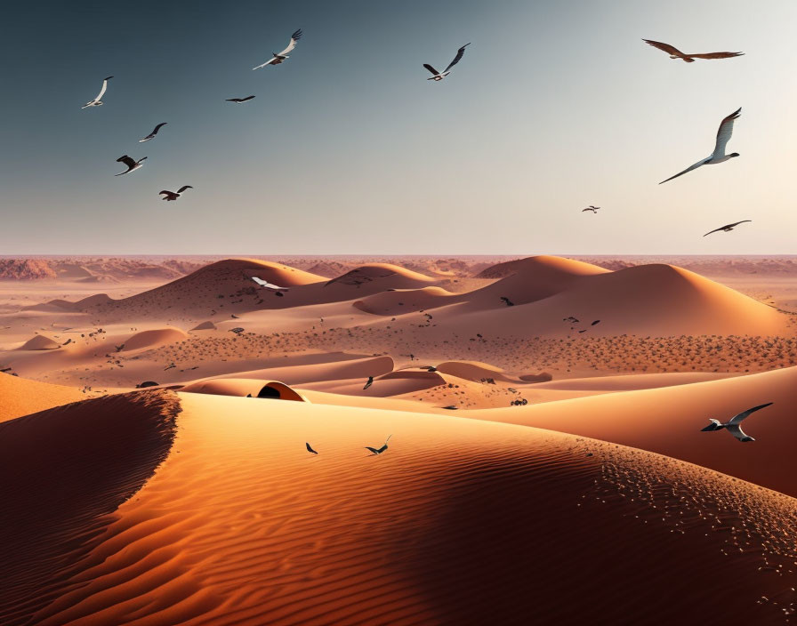 Tranquil desert sunset: smooth sand dunes, birds in sky, soft shadows.