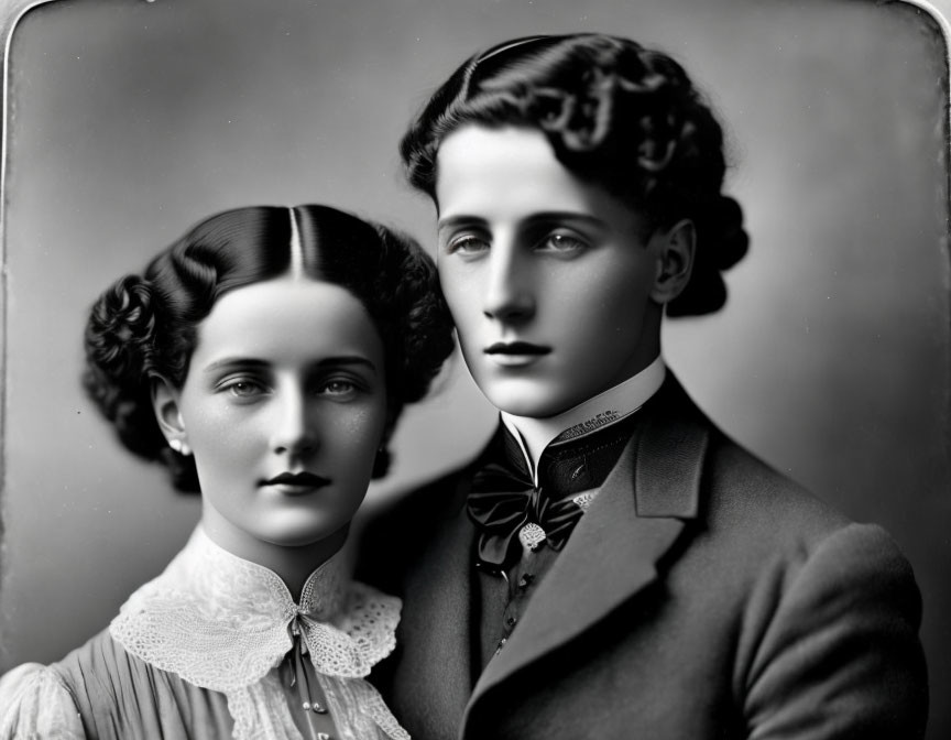 Vintage Black-and-White Portrait of Woman and Man in Formal Attire