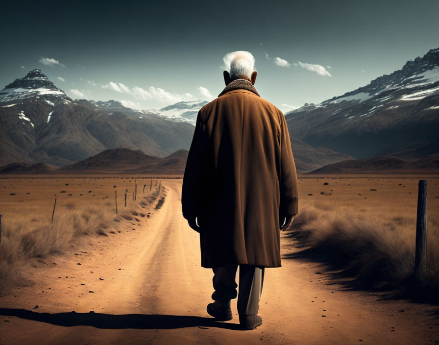 Elderly man in coat on deserted road with mountains in distance
