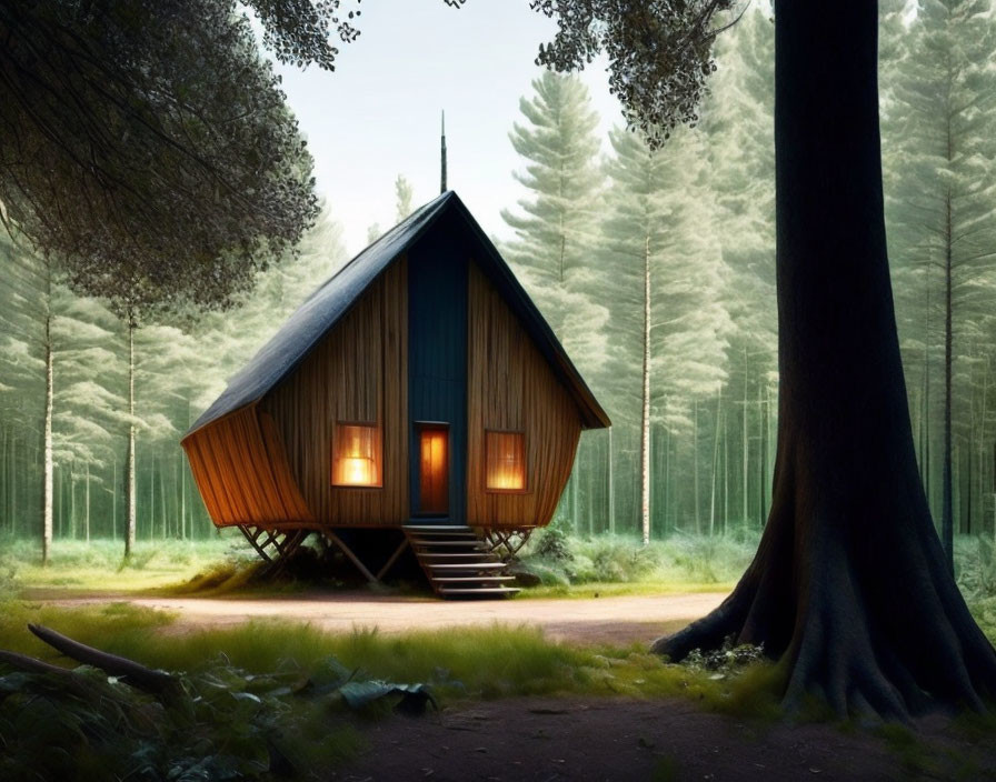 Serene forest A-frame cabin with glowing windows