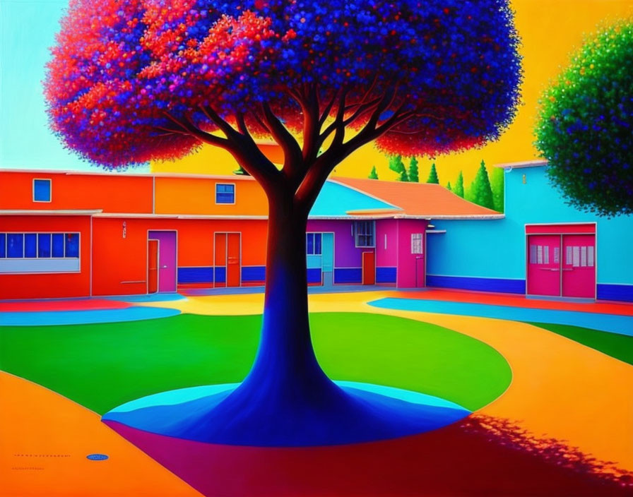 Colorful surreal landscape painting with vibrant tree and bright buildings.