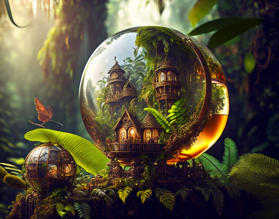 Glass dome with ornate buildings in lush jungle scene