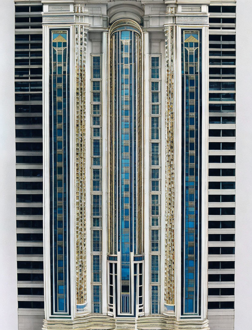 Symmetrical windows with blue and gold accents on skyscraper facade