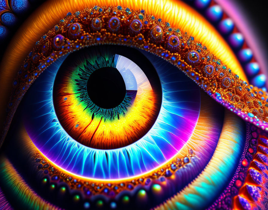 Detailed Close-Up of Colorful Human Eye with Vibrant Patterns and Iridescence