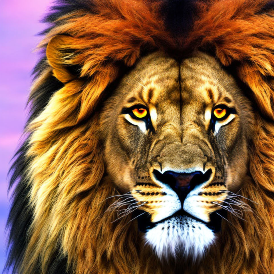 Close-Up of Lion's Face with Vibrant Mane on Purple Background