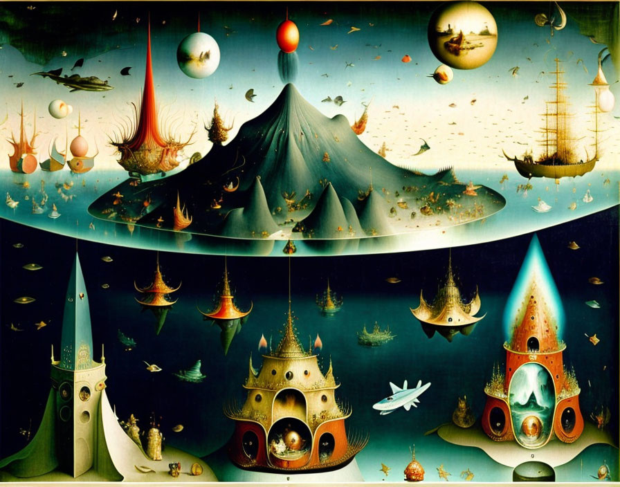 Surrealist painting of volcano, floating castles, ships, and celestial bodies