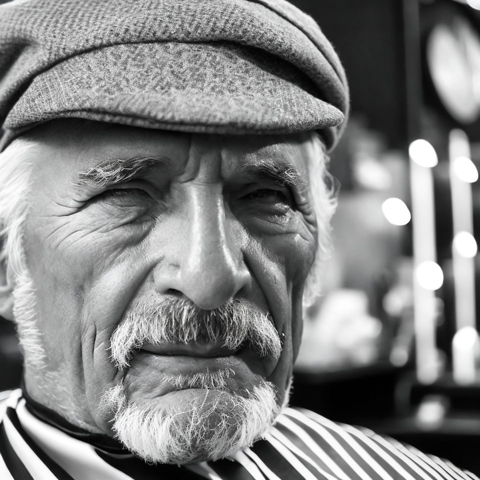 Elderly man in herringbone flat cap and striped shirt in black-and-white portrait