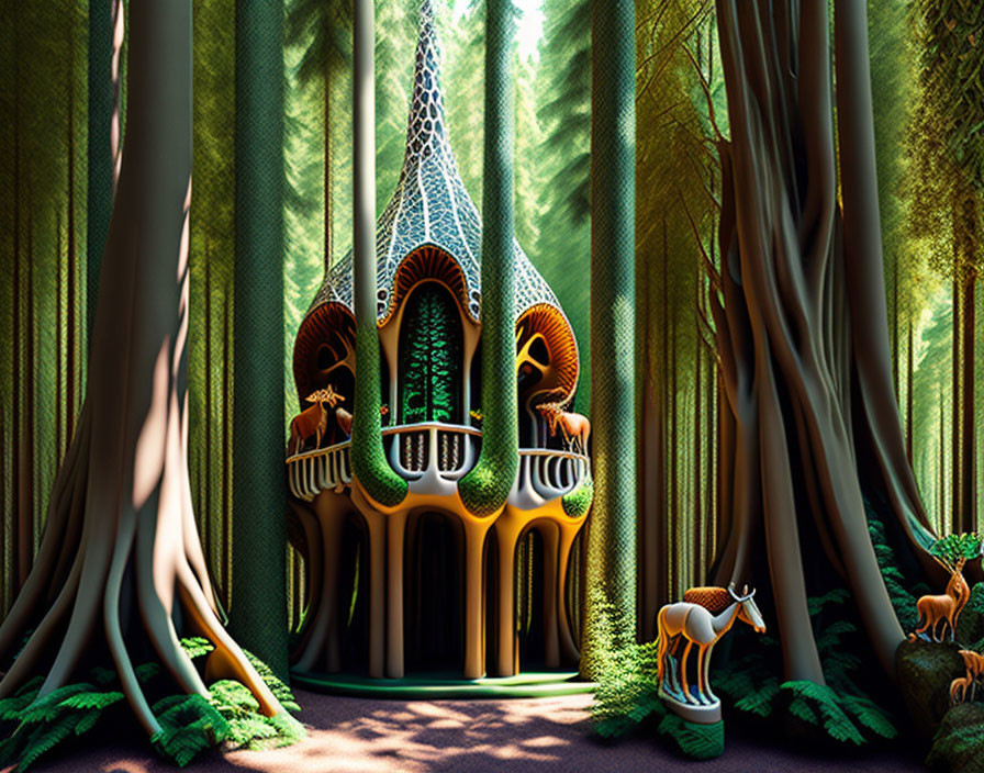 Ornate Patterned House in Lush Forest with Stylized Deer