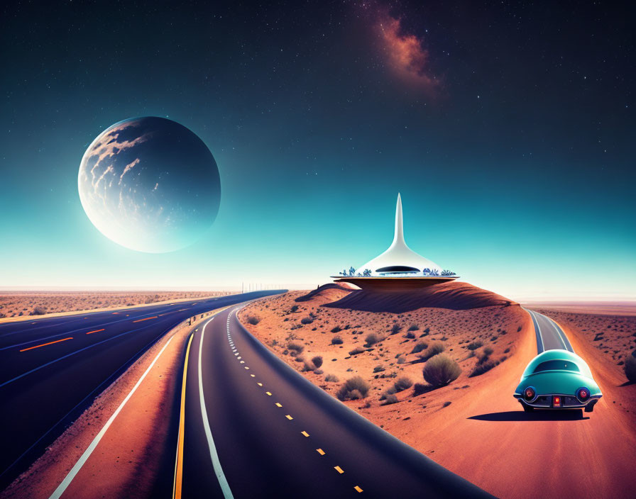 Retro-futuristic desert highway with car, planet, and futuristic building