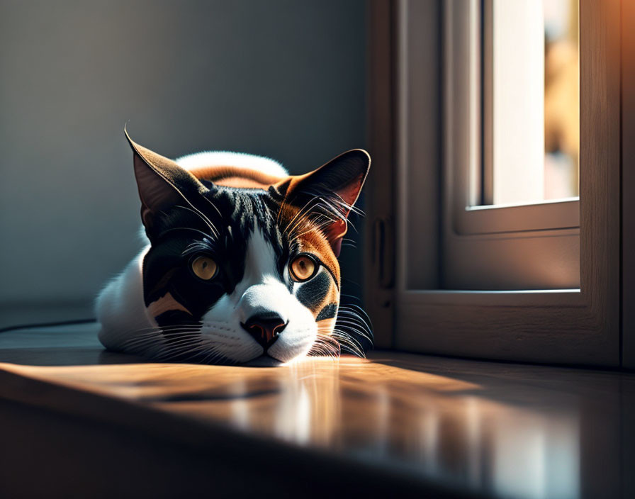 Striped domestic cat basking in sunlight by window