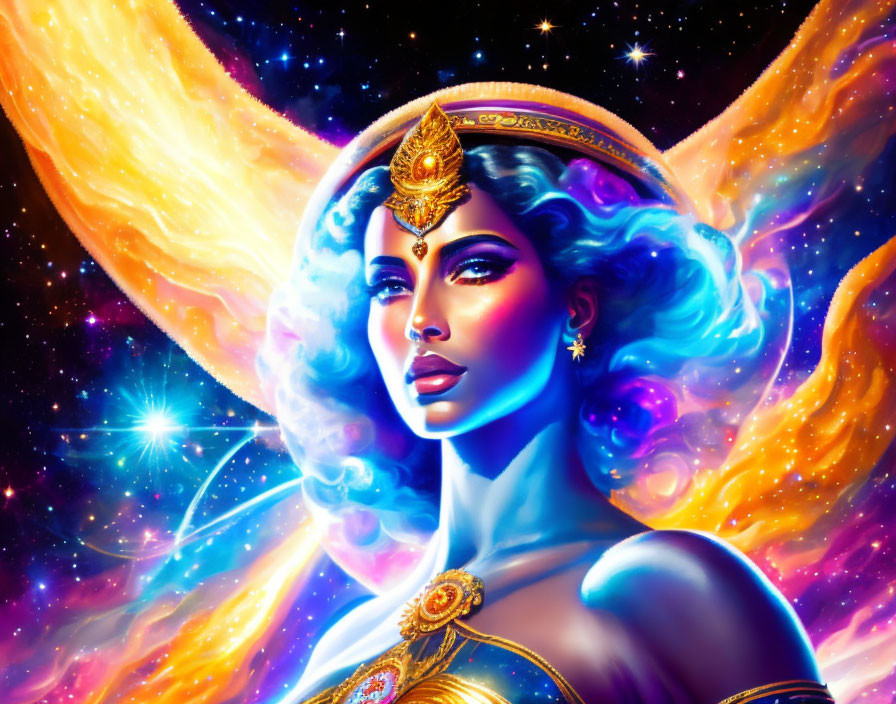Celestial woman with blue skin in cosmic setting adorned with golden headdress