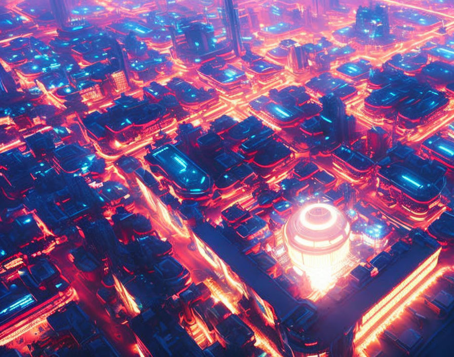 Futuristic cityscape at night with neon lights and high-tech architecture