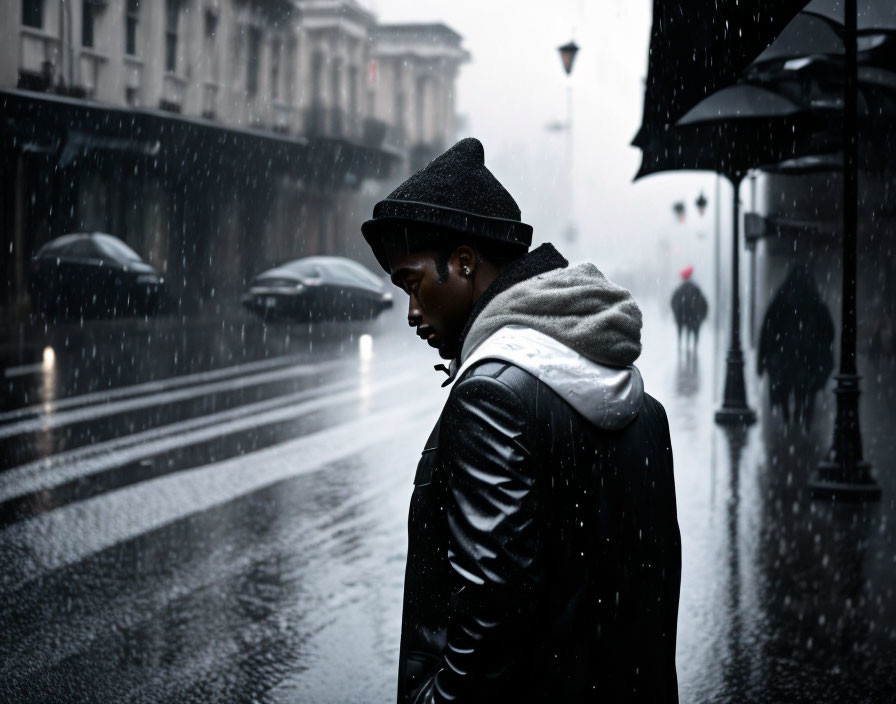 Person in hat and jacket walking on rainy city street with cars and street lamps.