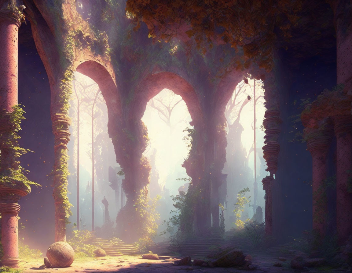 Mystical forest scene with towering vine-clad pillars