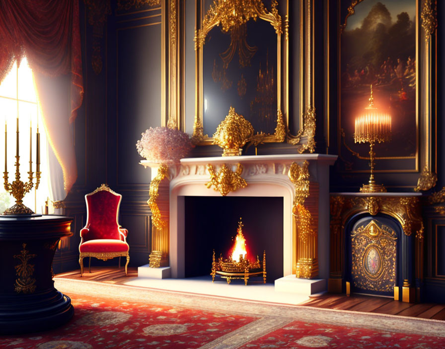 Luxurious Room with Fireplace, Royal Chair, Golden Accents, Chandelier, and Ornate Decor