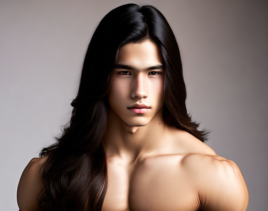 Digital Artwork: Shirtless Man with Long Dark Hair and Muscles